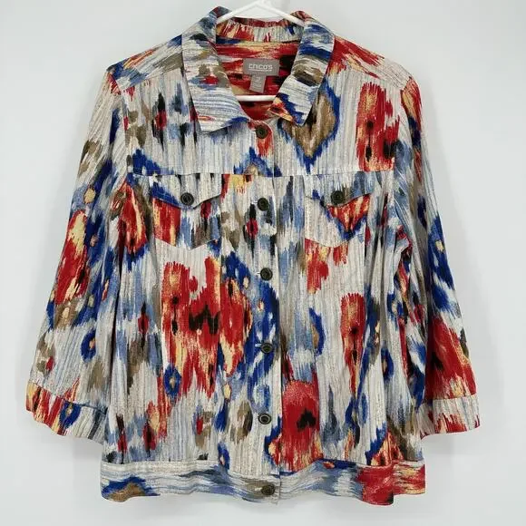 Chicos Jacket LARGE Multicolor Ikat Print Button Front Linen Blend Boho 22x24 - Picture 1 of 9